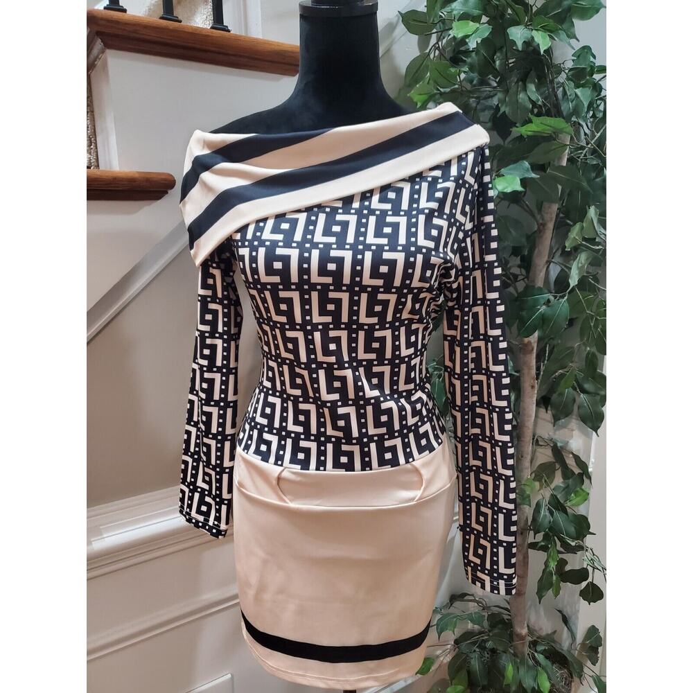 Chicme Beige Black Turn Down Collar Long Sleeve Casual Knee Length Dress Size M